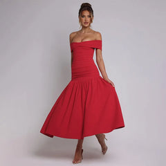 Slash Neck Off Shoulder Solid Dress