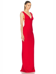 Deep V Neck Red Sleeveless Bodycon Long Dress