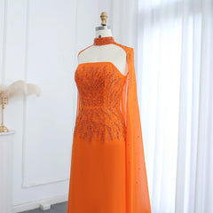 Orange Strapless Evening Dress with Cape Sleeve