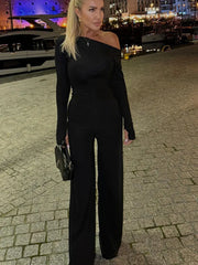 One Shoulder Flare Sleeve Top Long Pant Suit