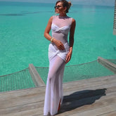 White See-Through Pleated Mesh Long Dress