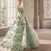 Sage Green 3D Flowers Evening Dress with Cape