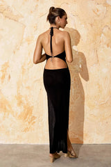 Solid Backless Halter Knit Slit Maxi Dress