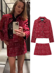 Plaid Lapel Coat and Side Zipper Short Suit