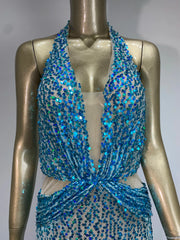 Halter Blue Sequins Sparkly Glitter Maxi Dress