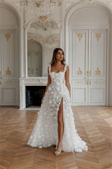 3D Flower Lace-up Back Side High Split Evening Dress