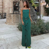 Metal Buckle Ruched Spaghetti Strap Long Dress