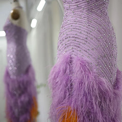 Lilac Feather Mermaid Evening Gown