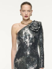 One Shoulder 3D Flower Sequin Dress