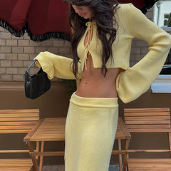 Knit Solid Lace-up Cardigan Top Slit Long Skirt Set