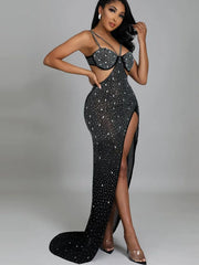 Spaghetti Strap Mesh Black Long Dress