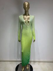 Green Gradient Midi Dress Shimmering Rhinestones & Bold Style