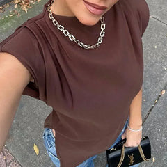 Sleeveless Cropped Top Pleated Round Neck Vest T-Shirt