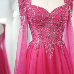 Fuchsia Beaded Evening Gown with Cape Sleeves