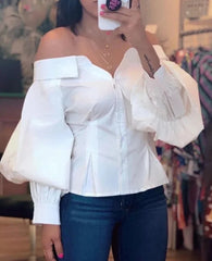 Lantern Sleeve Open Shoulder Top