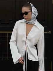 Satin Lace Up Long Sleeved Blouse