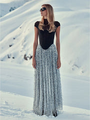 Black Fishbone Top Sequin Mesh Long Skirt Set