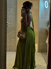 Pleated Hollow Out Halter Neck Long Dress