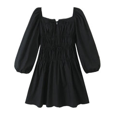 Bow Square Collar Puff Long Sleeve Elastic Waist Mini Dress