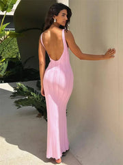 Knit Ribbed Hollow Out Open Back Solid Long Dress
