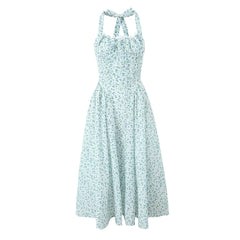 Floral Bow Halter Neck Lacing Up Midi Dress
