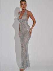 Open Back Sequins Sparkling Halter Maxi Dress
