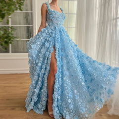 Lilac 3D Floral Evening Gown with High Slit