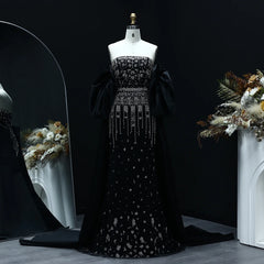 Crystal Tassel Black Evening Dress with Straps / Cape Strapless