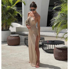 Knitted Cover Up Slit Bodycon Halter Neck Long Dress