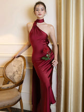 Satin Backless Halter Ribbon Black Maxi Dress