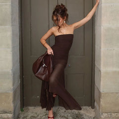 Brown Off-shoulder Strapless Long Dress