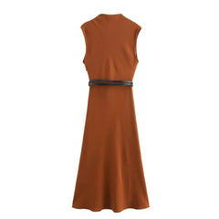 Solid Sleeveless Belted Midi Dress