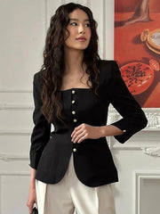 Square Collar Black Long Sleeve Jacket