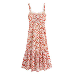 Cherry Print Ruffles Hem Trumpet Midi Dress