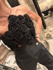 3D Flower Splicing Lace-Up Design Black Crop Top