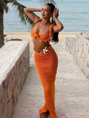 Shell Crop Tops Suit With Split Long Skirt