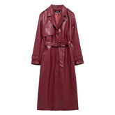 Lapel Pocket Belt Faux Leather Long Coat