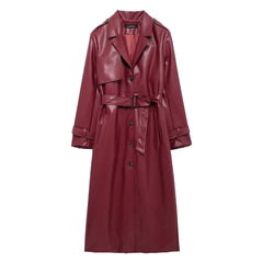 Lapel Pocket Belt Faux Leather Long Coat