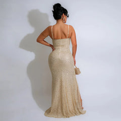 Sequined High Side Split Mermaid Maxi Dress