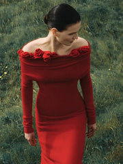 Off-Shoulder 3D Flower Red Velvet Dress