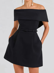 Belt Patchwork Short Sleeve Off The Shoulder Dress