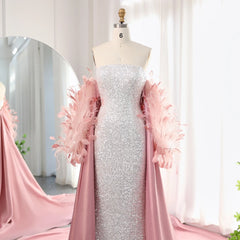 White Sequin Mermaid Evening Gown with Feather Cape