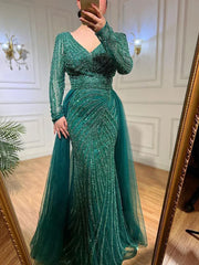 Blue Mermaid Beaded Long Sleeves Evening Gown