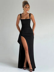 Black Spaghetti Strap Thigh High Split Long Dress