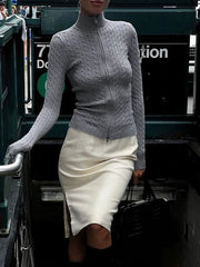 Long Sleeve Knitted Turtleneck Zip Up Sweater