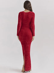 Red Long Sleeve Side Slit Dress