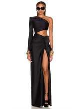 Black Inclined Shoulder High Split Draped Maxi Dress