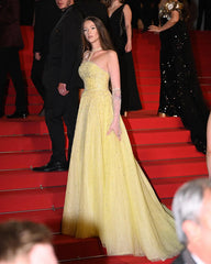 Beaded Yellow Halter Evening Dress with Gloves