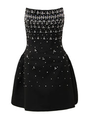 Diamonds Black Crystal Pearl Mini | Midi Dress