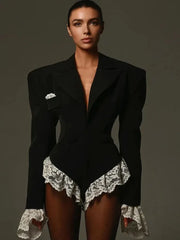 Lace Patchwork Black Long Sleeve Bodysuit